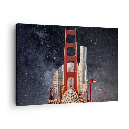 Vászonkép - A Golden Gate híd, a várossal a háttérben, csillagos égbolt előtt - 70x50cm - Mindig a középpontban - Modern fali dekoráció nappalihoz és hálószobához ARTTOR