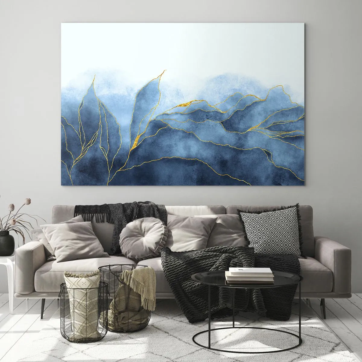 Üveg kép - Absztrakt kék formák finom arany vonalakkal. - 70x50cm - Kék aranyban - Modern fali dekoráció nappalihoz és hálószobához ARTTOR