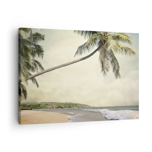 Vászonkép - Pálmafás strand a nyugodt tenger hátterében - 70x50cm - Trópusi álom - Modern fali dekoráció nappalihoz és hálószobához ARTTOR