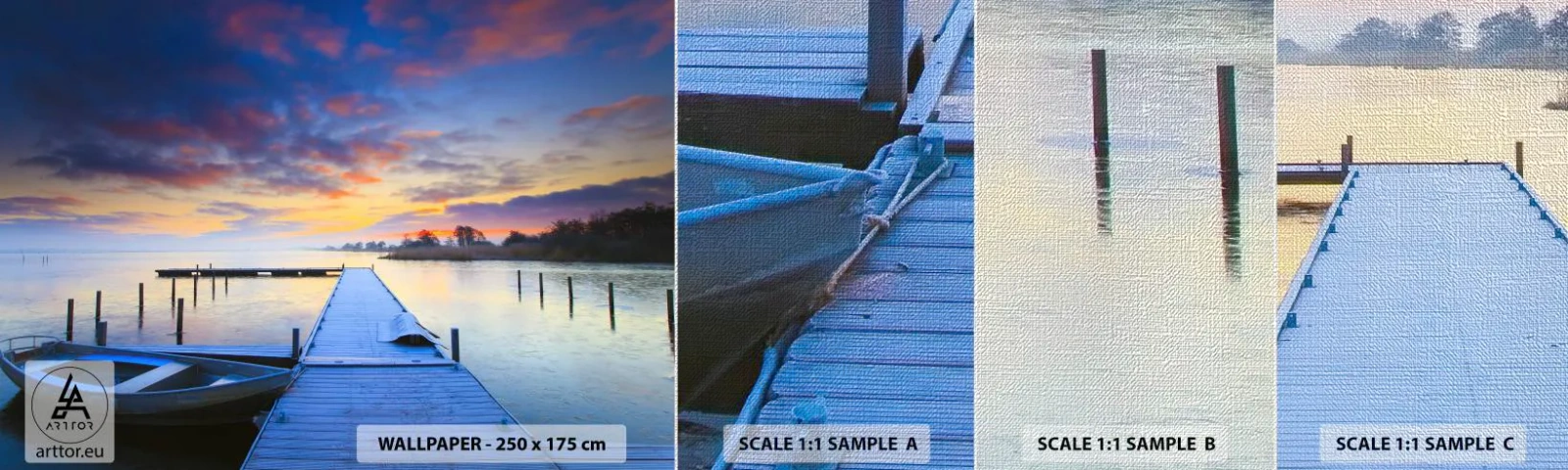 Fotótapéta Minta Premium Canvas - Lila-arany nyugalom - Tájkép, Tó, Hajó - 100x30 cm