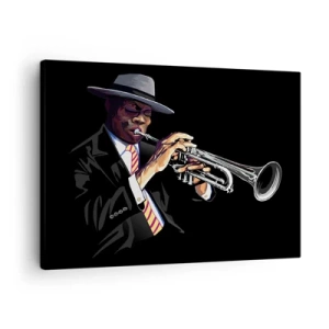 Vászonkép - Egy zenész trombitán játszik fekete háttér előtt - 70x50cm - Old school varásza - Modern fali dekoráció nappalihoz és hálószobához ARTTOR