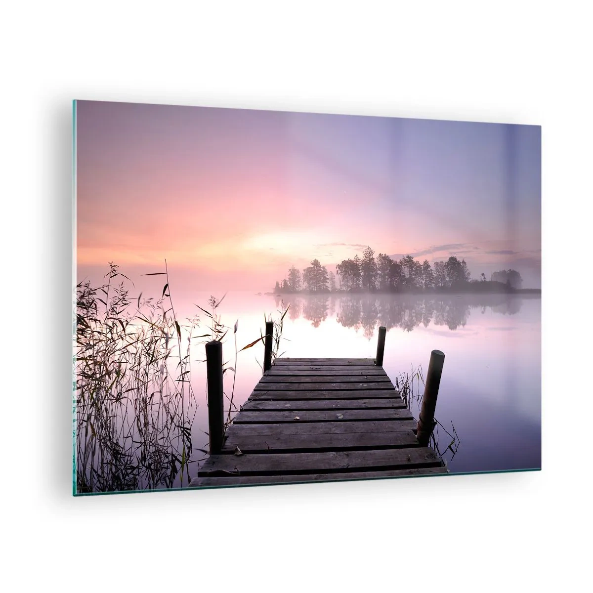Üveg kép - Egy móló napfelkeltekor egy nyugodt tó felett - 70x50cm - A lila ködből... - Modern fali dekoráció nappalihoz és hálószobához ARTTOR