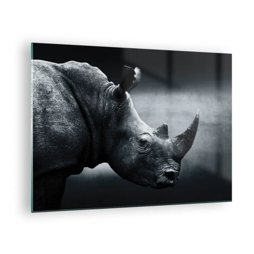 Üveg kép - Fekete-fehér felvétel egy orrszarvúról - 70x50cm - Jobb profil - Modern fali dekoráció nappalihoz és hálószobához ARTTOR