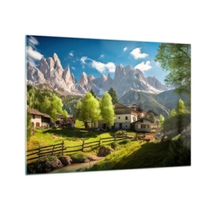 Üveg kép - Vidéki fejlesztés zöldövezetben az alpesi csúcsok lábánál - 70x50cm - Alpesi idill - Modern fali dekoráció nappalihoz és hálószobához ARTTOR