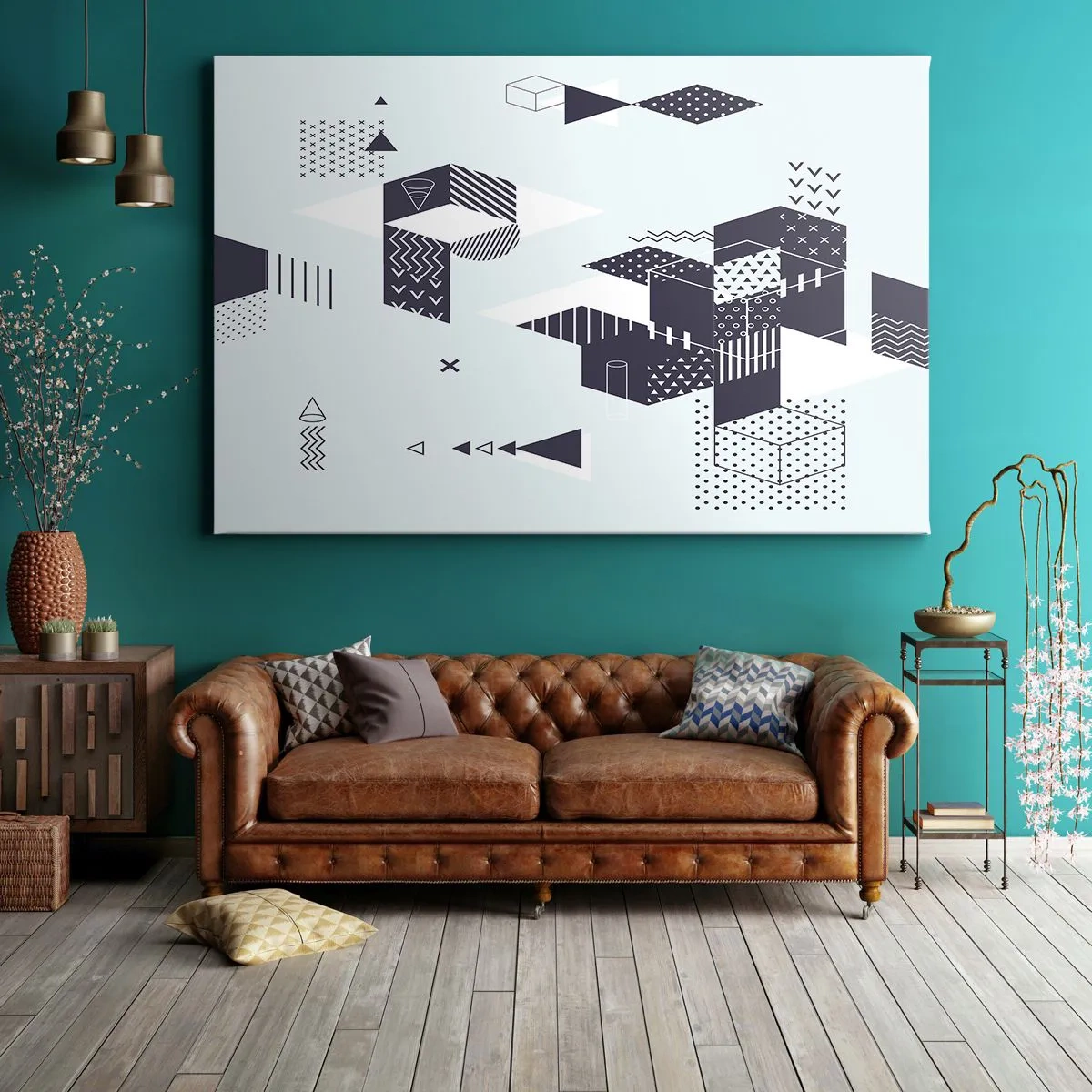 Vászonkép - Modern geometrikus grafika fehér és sötétkék árnyalatokban - 70x50cm - Lélekben a matematika - Modern fali dekoráció nappalihoz és hálószobához ARTTOR
