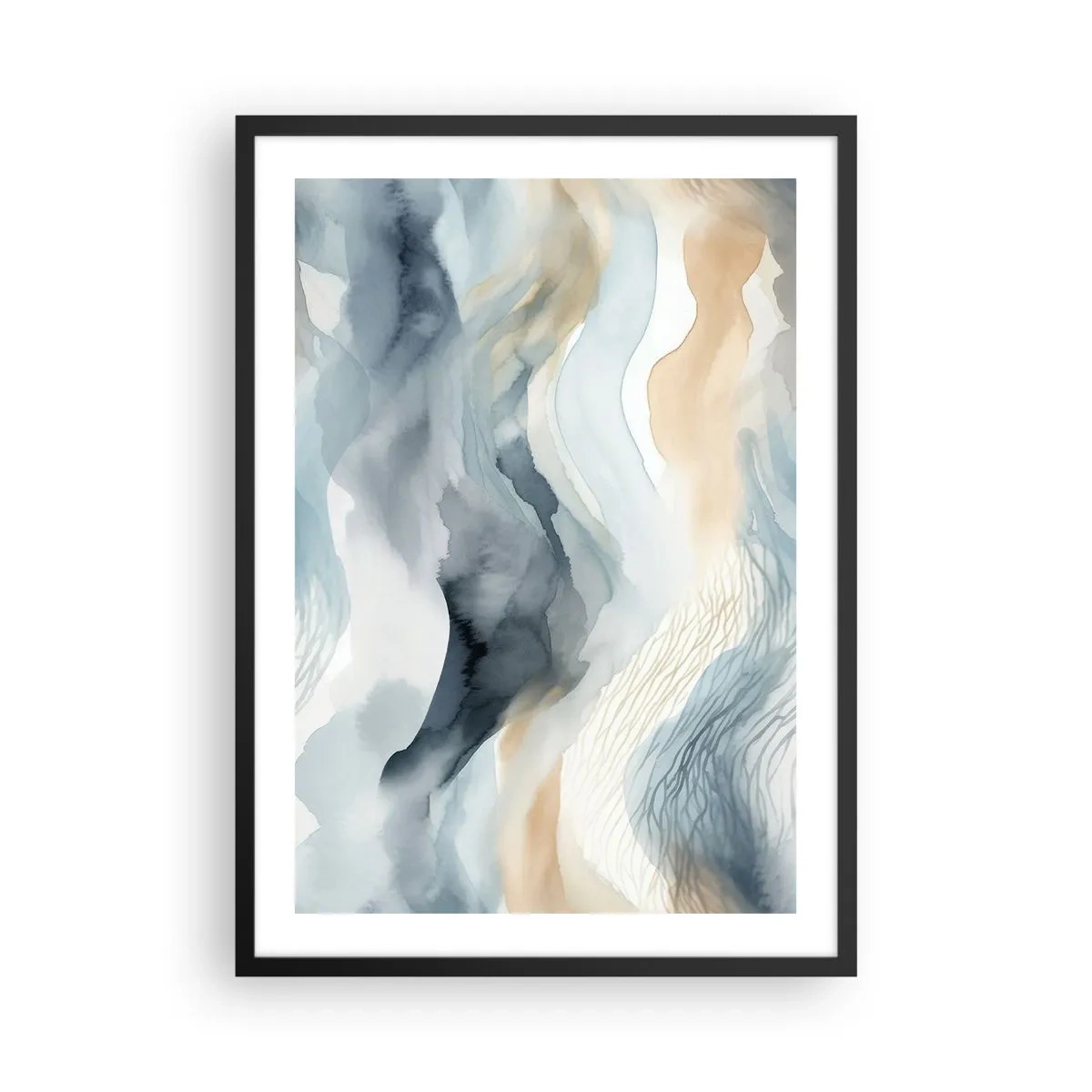 Poszter fehér keretben - Absztrakt hullámok bézs és sötétkék árnyalatokban - 50x70cm - Hó és köd absztrakció - Modern fali dekoráció nappalihoz és hálószobához ARTTOR