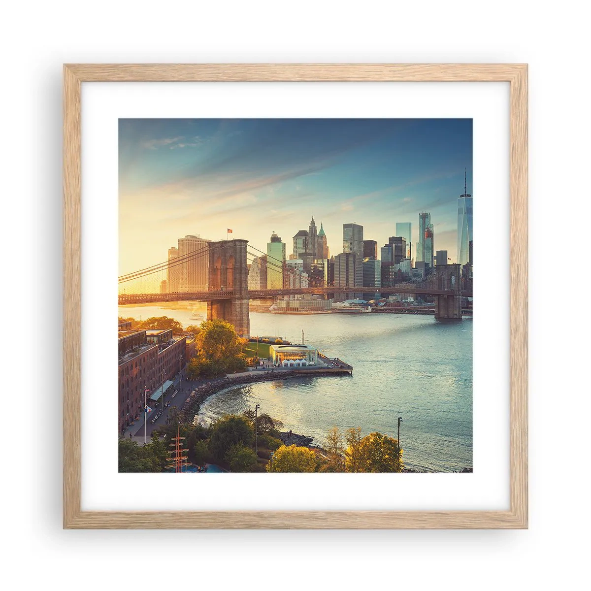 Poszter világos tölgy keretben - Nagyváros hajnala - 40x40 cm