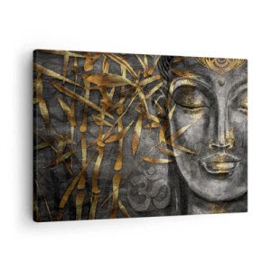 Vászonkép - Zen Buddha kép arany bambuszokkal - 70x50cm - Érezd a nyugalmat - Modern fali dekoráció nappalihoz és hálószobához ARTTOR