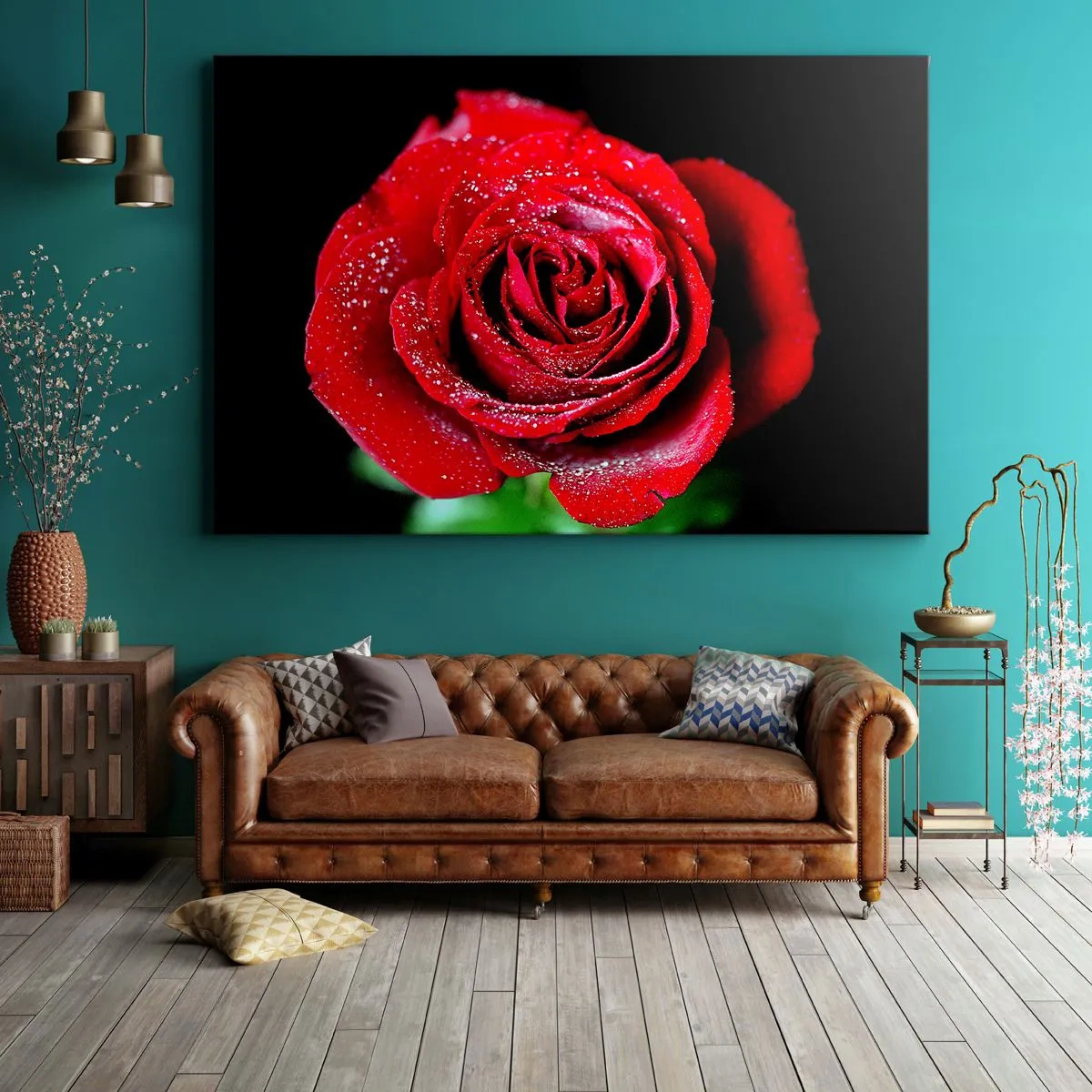Vászonkép - Egy vörös rózsa, harmatcseppekkel borítva, fekete alapon. - 70x50cm - Ez szerelem - Modern fali dekoráció nappalihoz és hálószobához ARTTOR