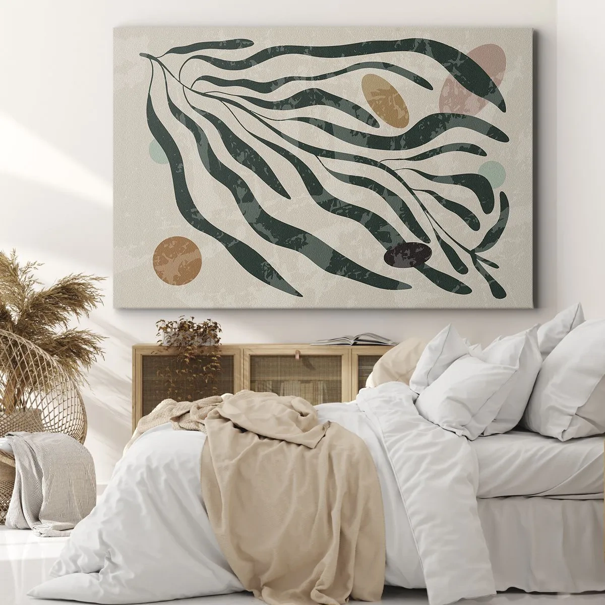 Vászonkép - Organikus vonalak és formák zöld és bézs színben - 70x50cm - Zöldek között - Modern fali dekoráció nappalihoz és hálószobához ARTTOR