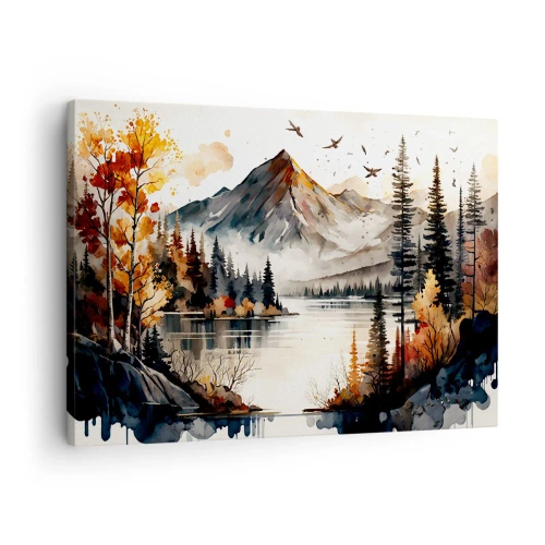 Vászonkép - Őszi hegyi táj tóval és fákkal akvarellben - 70x50cm - Aranyszínű ősz a hegyekben - Modern fali dekoráció nappalihoz és hálószobához ARTTOR