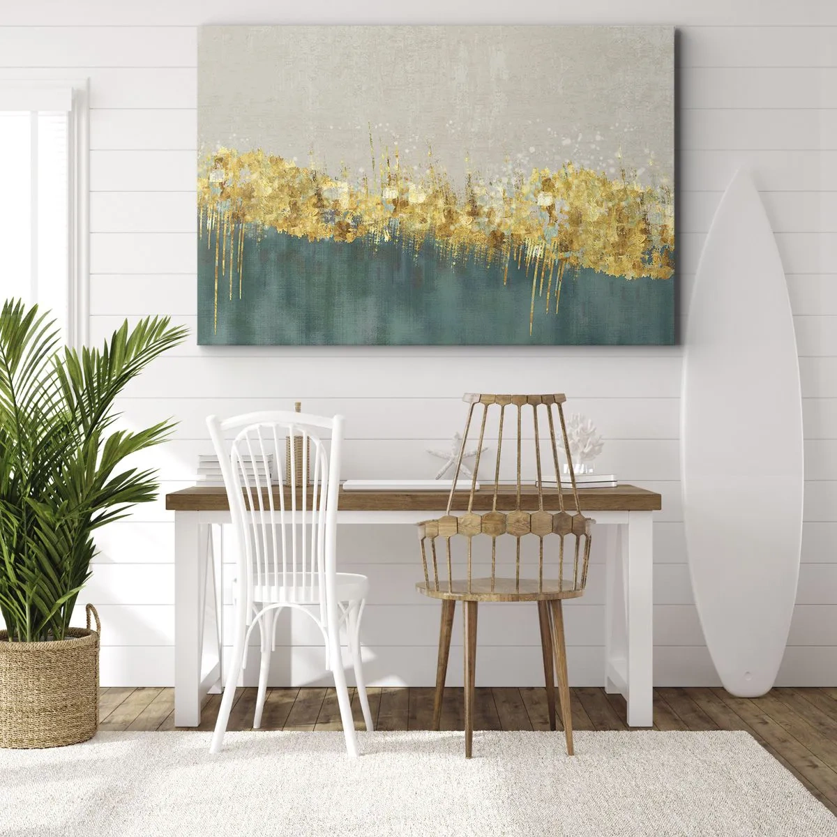 Vászonkép - Arany díszítések zöldes-bézs alapon - 70x50cm - Az aranyhatár - Modern fali dekoráció nappalihoz és hálószobához ARTTOR