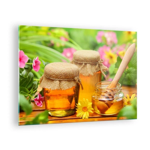 Üveg kép - Mézesüvegek a kertben virágokkal tarkított háttér előtt - 70x50cm - Édes és virágos - Modern fali dekoráció nappalihoz és hálószobához ARTTOR