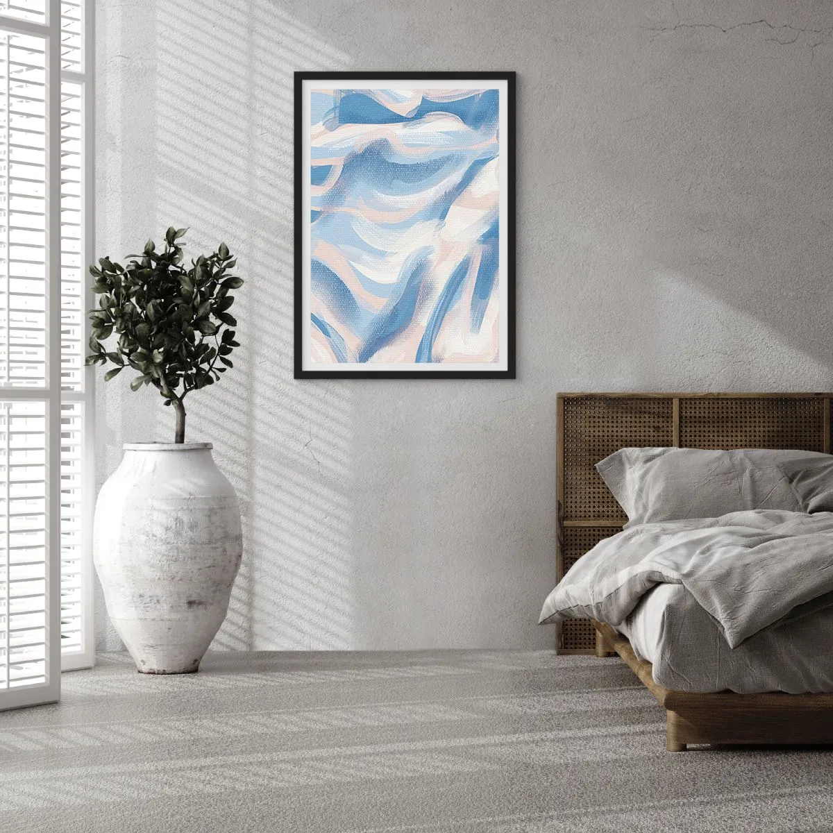 Poszter fehér keretben - Absztrakt hullám kék és bézs árnyalatokban - 50x70cm - Kék fodrok - Modern fali dekoráció nappalihoz és hálószobához ARTTOR