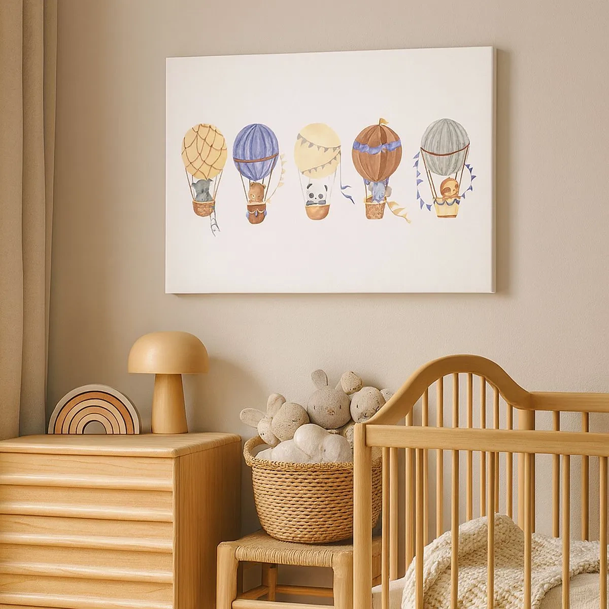 Vászonkép - Aranyos állatok lufikban fehér alapon - 70x50cm - Barátok egy utazáson - Modern fali dekoráció nappalihoz és hálószobához ARTTOR