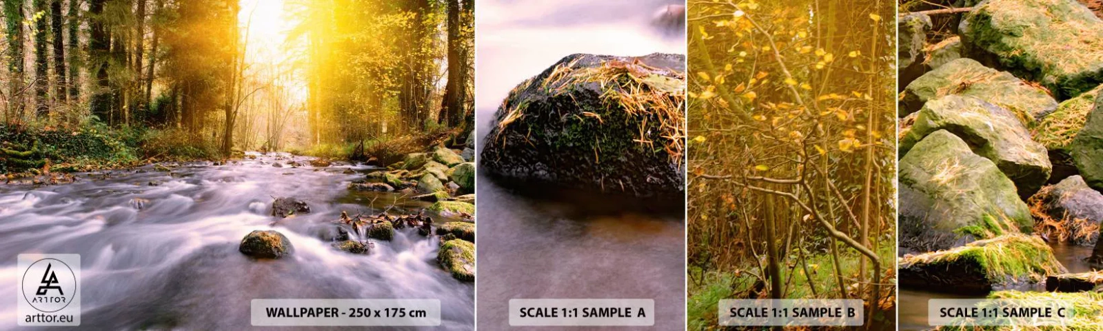 Fotótapéta Minta Öntapadós Deluxe Sticker - Malachit ezüst és arany keretben - Tájkép, Hegyi patak, Erdő - 100x30 cm