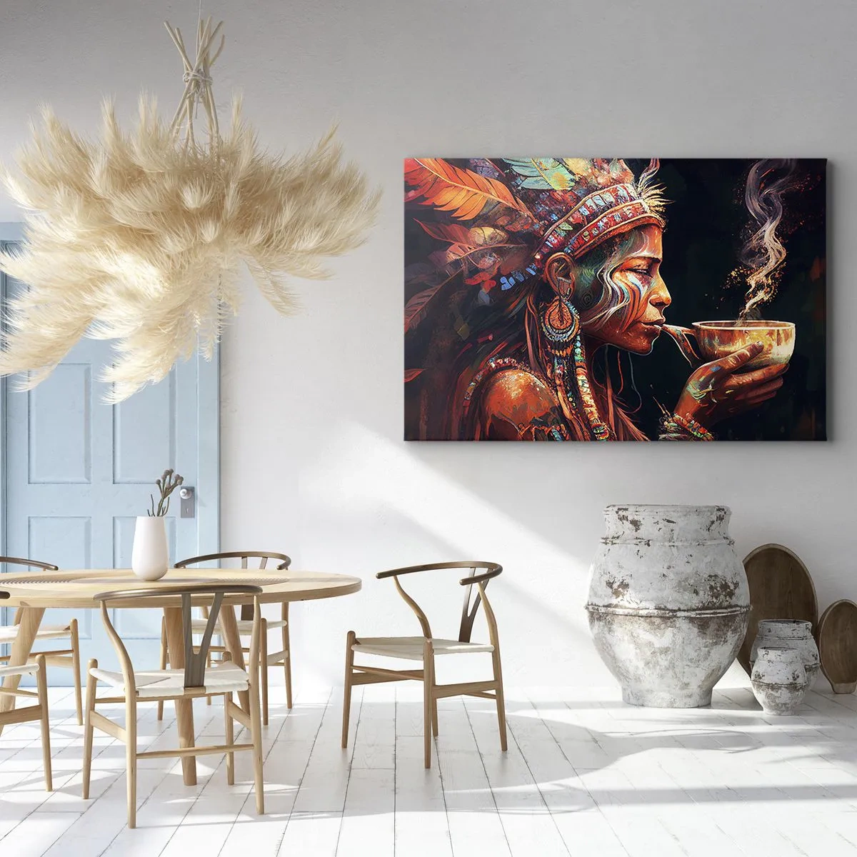 Vászonkép - Egy színes etnikai stílusú figura egy csésze gőzölgő itallal - 70x50cm - Egy varázslatos rituálé - Modern fali dekoráció nappalihoz és hálószobához ARTTOR