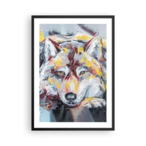 Poszter fehér keretben - Egy farkas absztrakt portréja színes ecsetvonásokkal. - 50x70cm - Nyugalom a szeretteink között - Modern fali dekoráció nappalihoz és hálószobához ARTTOR