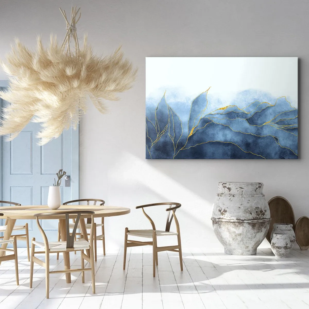 Vászonkép - Absztrakt hullámok kék árnyalatokban, arany díszítéssel - 70x50cm - Kék aranyban - Modern fali dekoráció nappalihoz és hálószobához ARTTOR