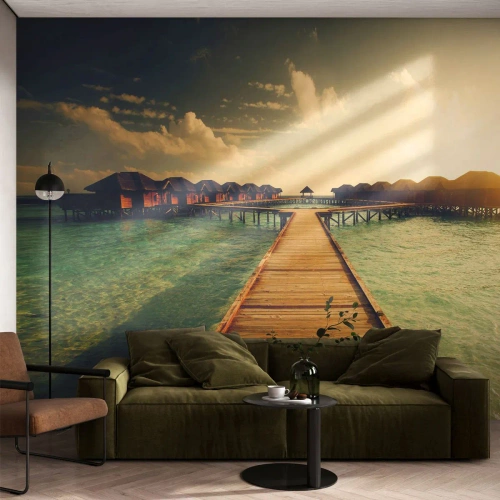 Fotótapéta Premium Sand - Tiszteletteljes meghívás - Maldív-szigetek, Tájkép, Házak a vízen - 350x256 cm