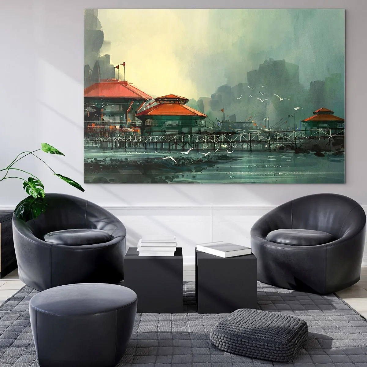 Üveg kép - Piros tetős kikötői épületek a ködben - 70x50cm - Napsütéses nap a kikötőben - Modern fali dekoráció nappalihoz és hálószobához ARTTOR