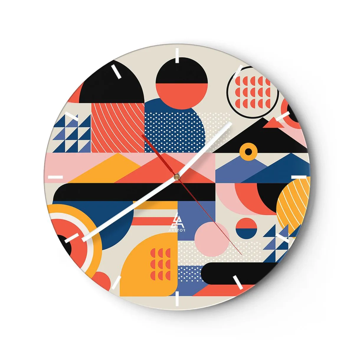 Falióra, Óra - Színes geometrikus absztrakció retro stílusban - 30x30cm - Összetétel: játszadozzunk - Modern fali dekoráció nappalihoz, konyhához és hálószobához ARTTOR