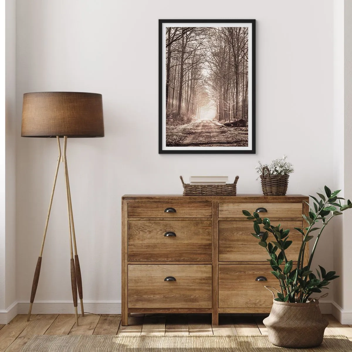 Poszter fehér keretben - Egy erdei ösvény őszi szépia árnyalatokban - 50x70cm - Erdei katedrális - Modern fali dekoráció nappalihoz és hálószobához ARTTOR
