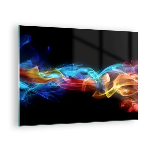 Üveg kép - Színes füstcsíkok fekete háttéren, absztrakt mintát hozva létre - 70x50cm - Ködök szivárványtánca - Modern fali dekoráció nappalihoz és hálószobához ARTTOR