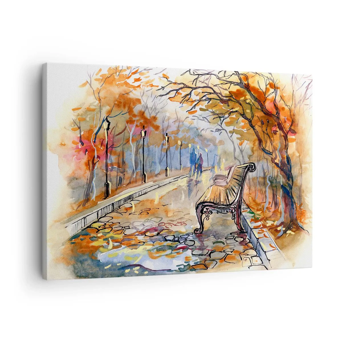 Vászonkép - Őszi park paddal akvarellben - 70x50cm - Kiránduljunk együtt az őszbe - Modern fali dekoráció nappalihoz és hálószobához ARTTOR