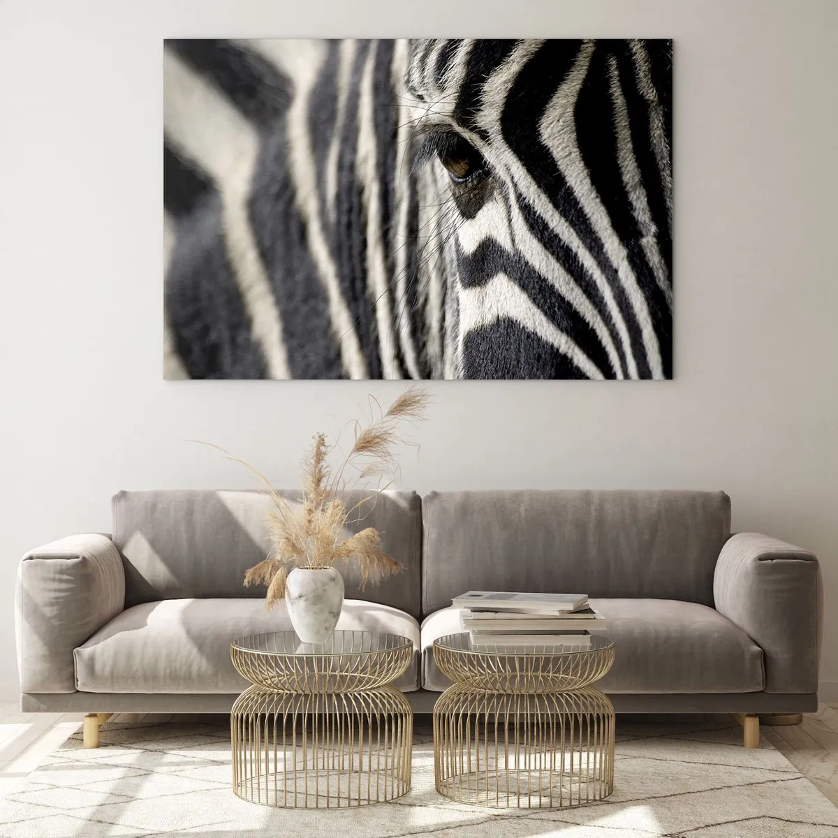 Üveg kép - Zebra szemének és fekete-fehér csíkjainak közeli képe - 70x50cm - Csíkos portré - Modern fali dekoráció nappalihoz és hálószobához ARTTOR