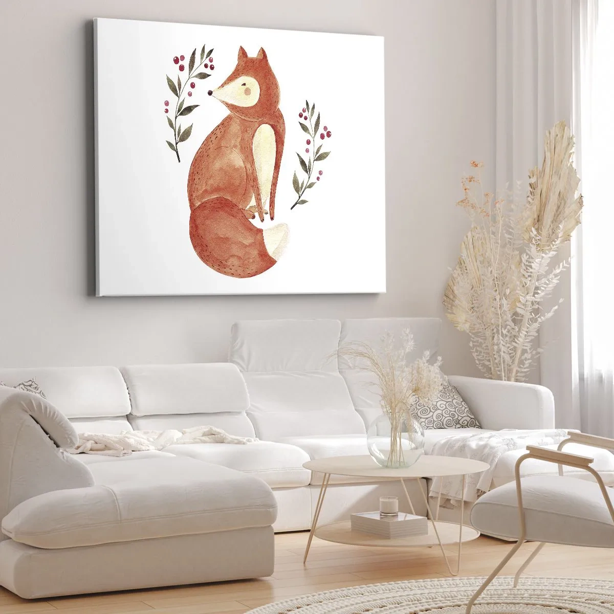 Vászonkép - Egy akvarell róka, bogyós gallyakkal körülvéve - 70x50cm - Kis vörös hajú - Modern fali dekoráció nappalihoz és hálószobához ARTTOR