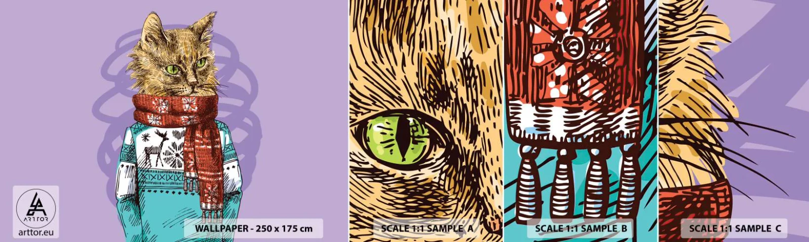 Fotótapéta Minta Öntapadós Deluxe Sticker - Kandúr nem csak a csizmában - Absztrakció, Macska, Gyapjú pulóver - 100x30 cm