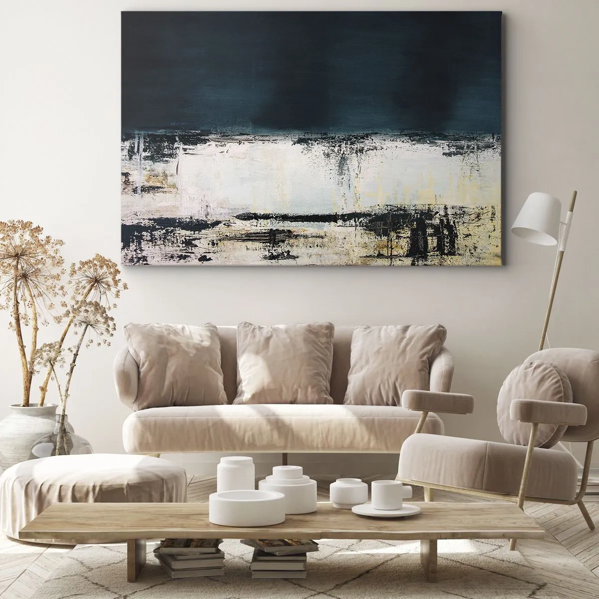Vászonkép - Absztrakt vízszintes kompozíció sötétkék és fehér árnyalatokban - 70x50cm - Vízszintes kompozíció - Modern fali dekoráció nappalihoz és hálószobához ARTTOR
