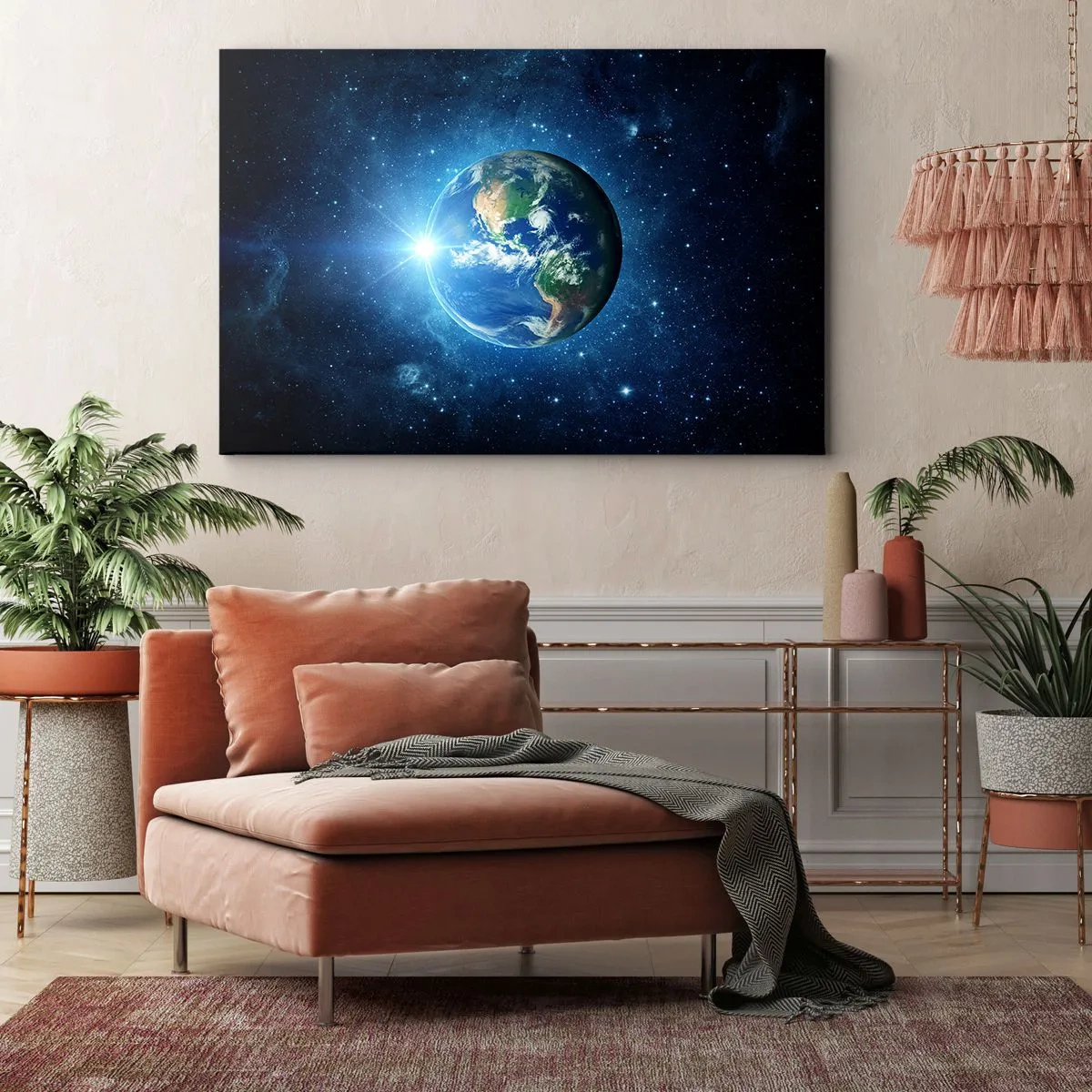 Vászonkép - Föld az űrben, csillagokkal és fénnyel körülvéve - 70x50cm - Mennyben vagyunk - Modern fali dekoráció nappalihoz és hálószobához ARTTOR