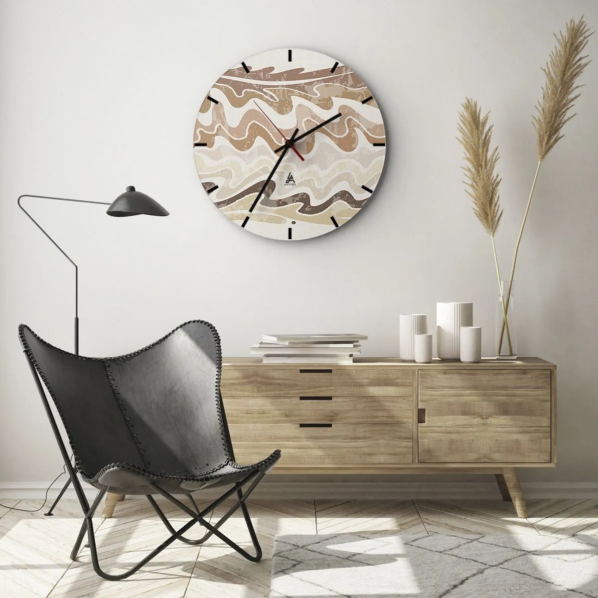 Falióra, Óra - Hullámos vonalak meleg, homokszínű árnyalatokban - 30x30cm - Jó energia - jó érzelmek - Modern fali dekoráció nappalihoz, konyhához és hálószobához ARTTOR