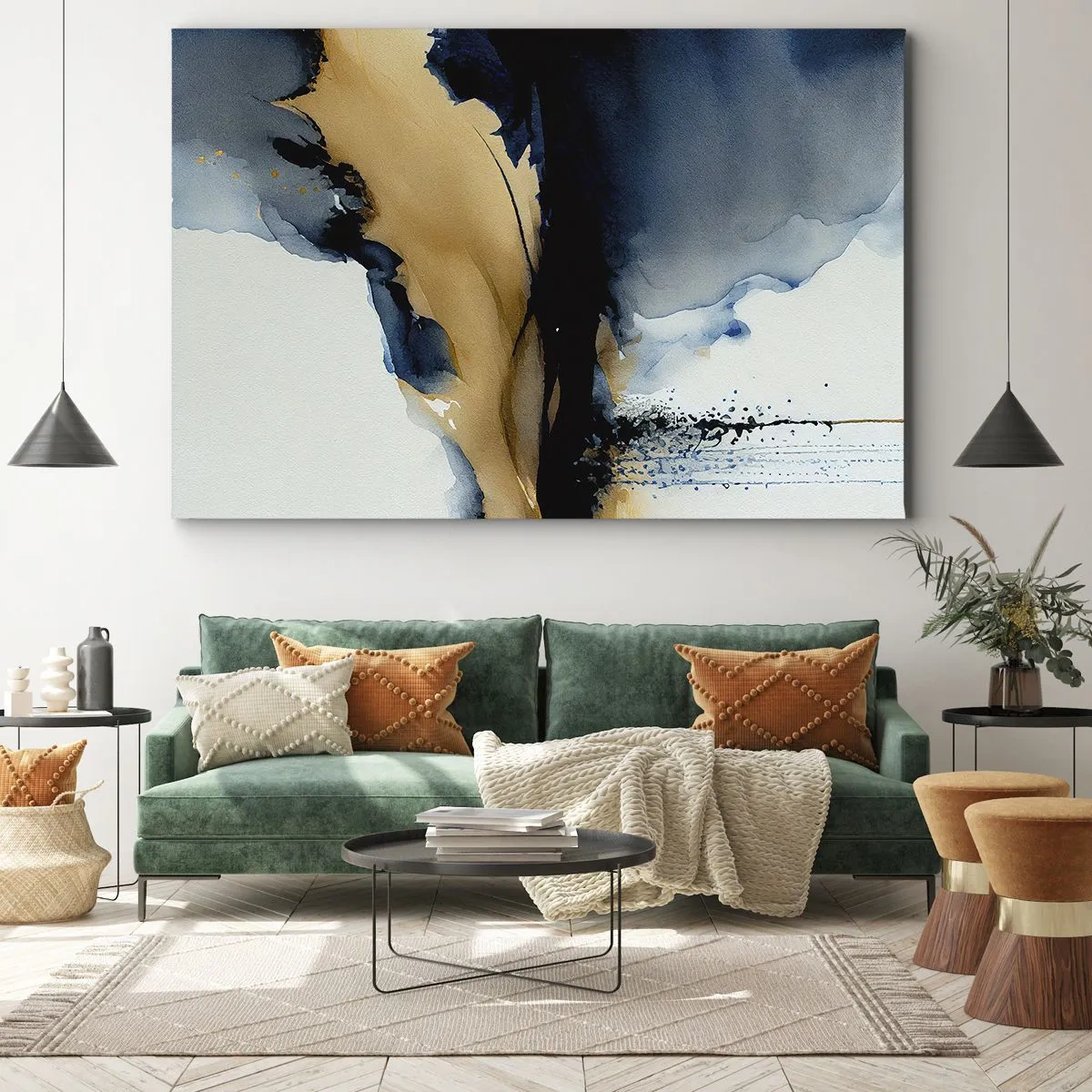 Vászonkép - Egy absztrakt kompozíció sötétkék és arany árnyalatokban - 70x50cm - A fátyol mögött - Modern fali dekoráció nappalihoz és hálószobához ARTTOR