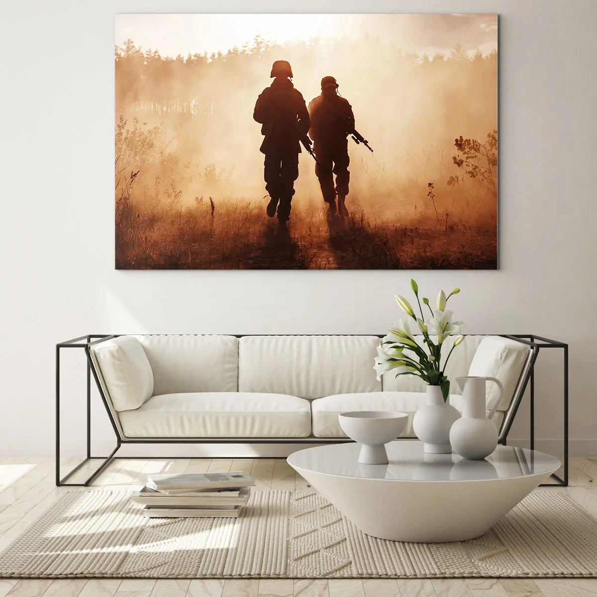 Üveg kép - Két katona akcióban a lenyugvó nap hátterében - 70x50cm - Call of Duty - Modern fali dekoráció nappalihoz és hálószobához ARTTOR