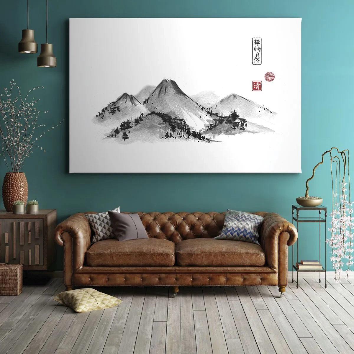 Vászonkép - Hagyományos hegyi táj japán tusfestmény stílusban - 70x50cm - Messze a távoltól - Modern fali dekoráció nappalihoz és hálószobához ARTTOR