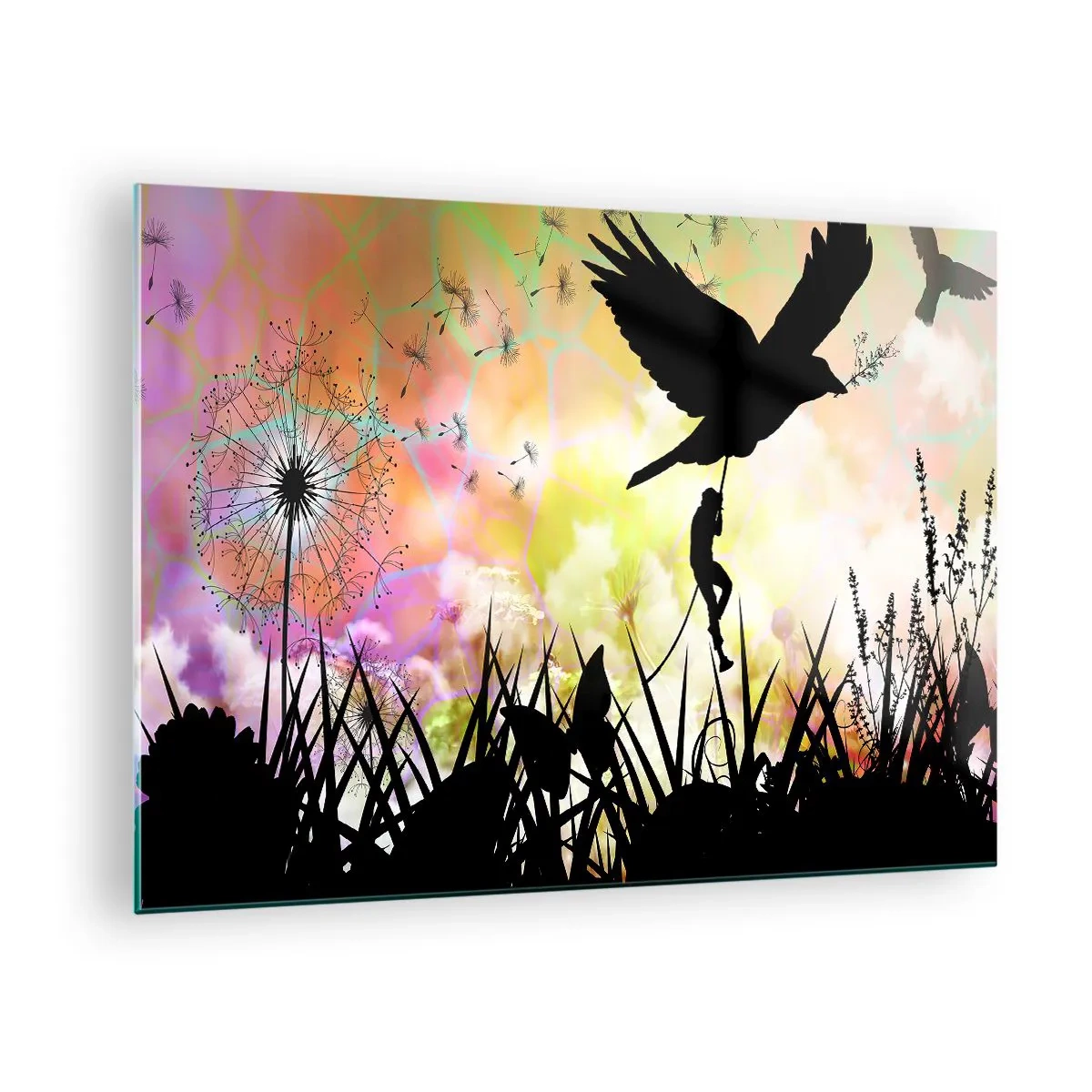 Üveg kép - Madárra mászó alak illusztrációja színes virágok hátterében. - 70x50cm - Mesebeli hangulatban - Modern fali dekoráció nappalihoz és hálószobához ARTTOR
