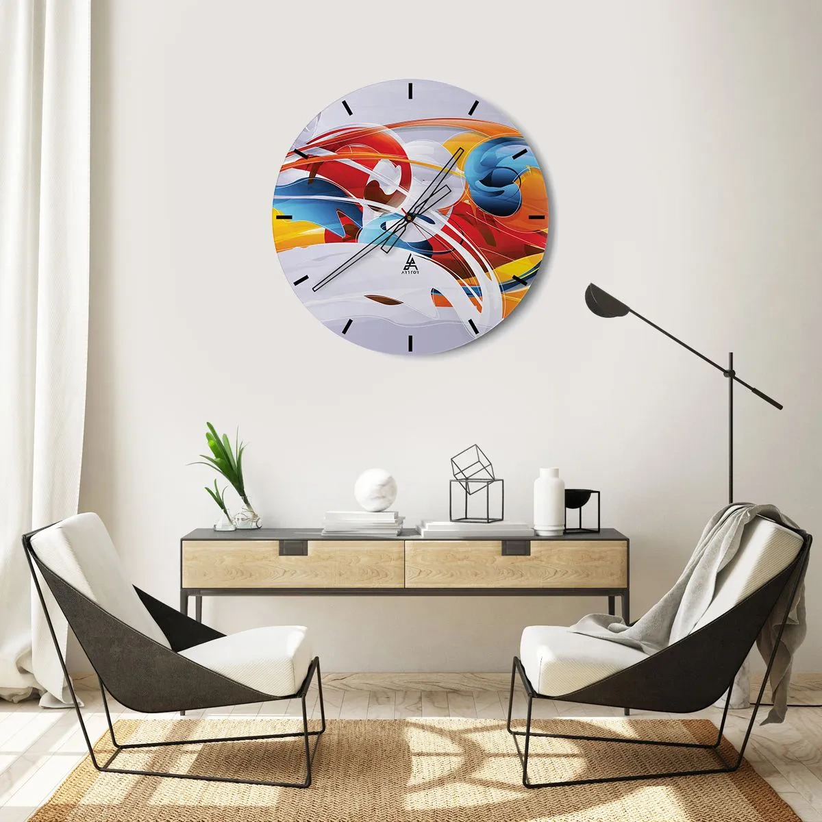 Falióra, Óra - Absztrakt formák dinamikus piros, kék és sárga színekben - 30x30cm - Az elemek tánca - Modern fali dekoráció nappalihoz, konyhához és hálószobához ARTTOR