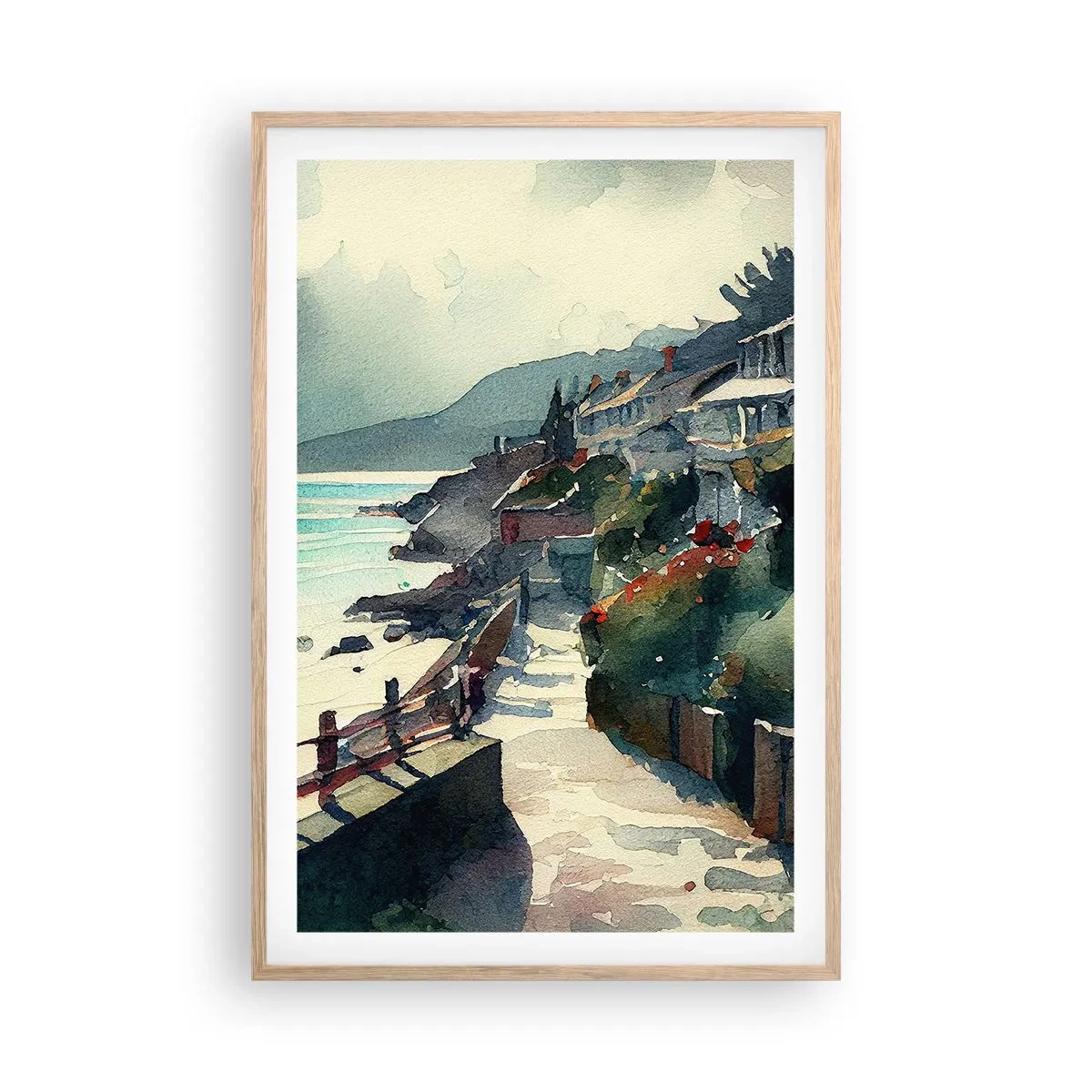 Poszter világos tölgy keretben - Mediterrán város - 61x91 cm