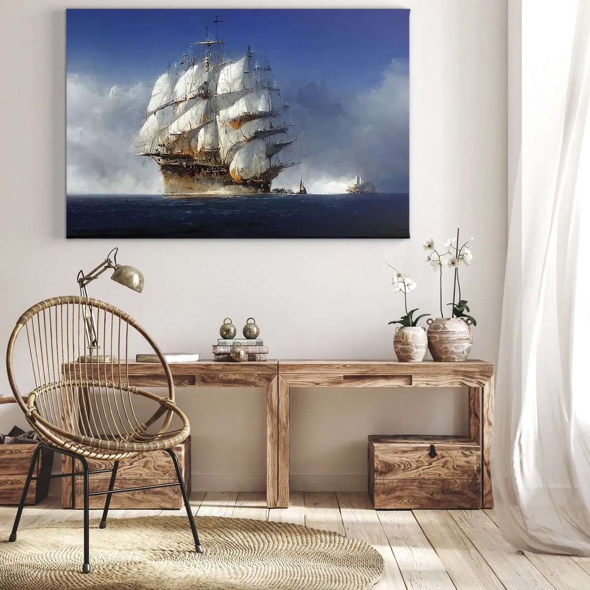 Vászonkép - Egy vitorlás hajó a nyílt tengeren, kék ég alatt - 70x50cm - The great glory! - Modern fali dekoráció nappalihoz és hálószobához ARTTOR