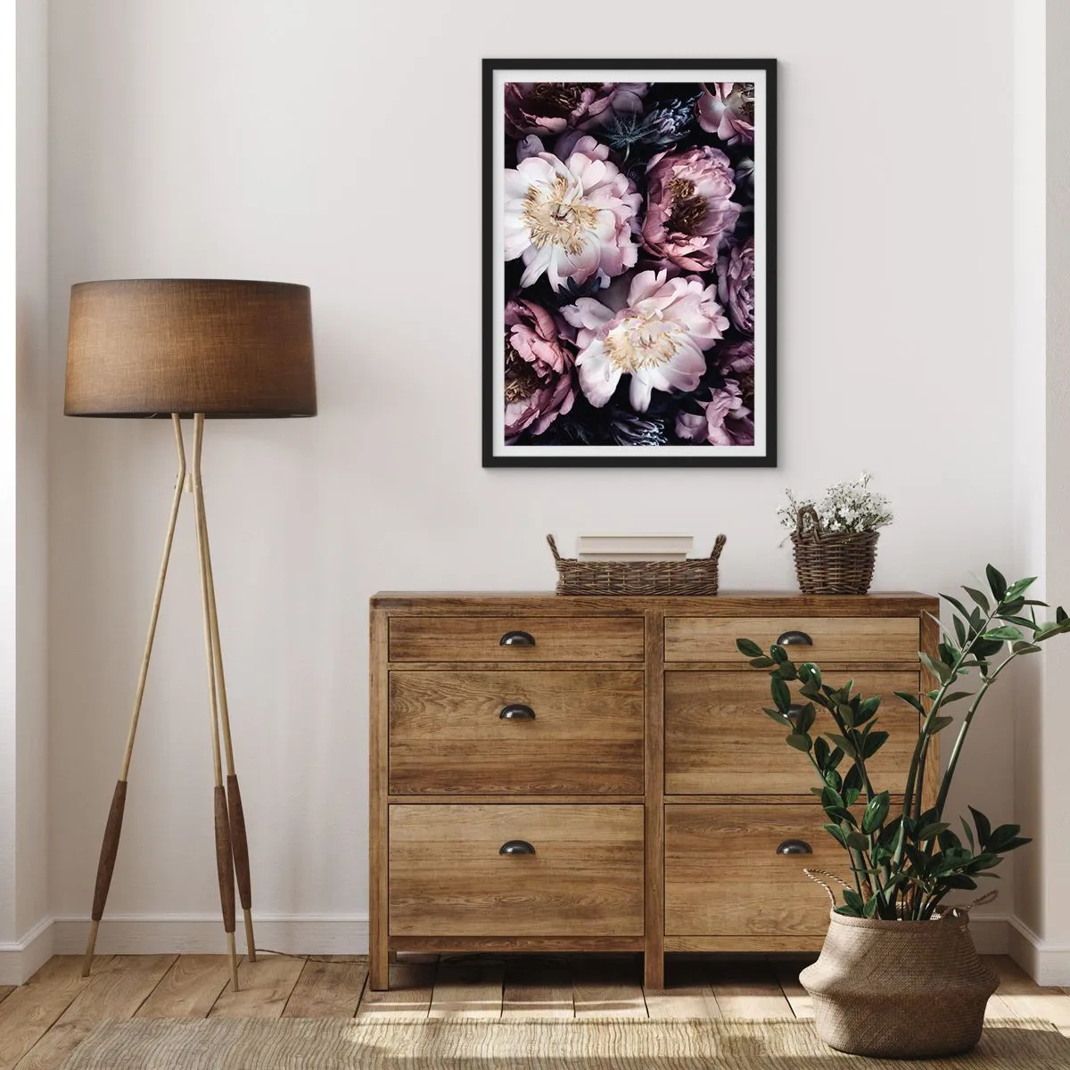 Poszter fehér keretben - Finom bazsarózsa virágok visszafogott színekben - 50x70cm - Régi stílusú csokor - Modern fali dekoráció nappalihoz és hálószobához ARTTOR