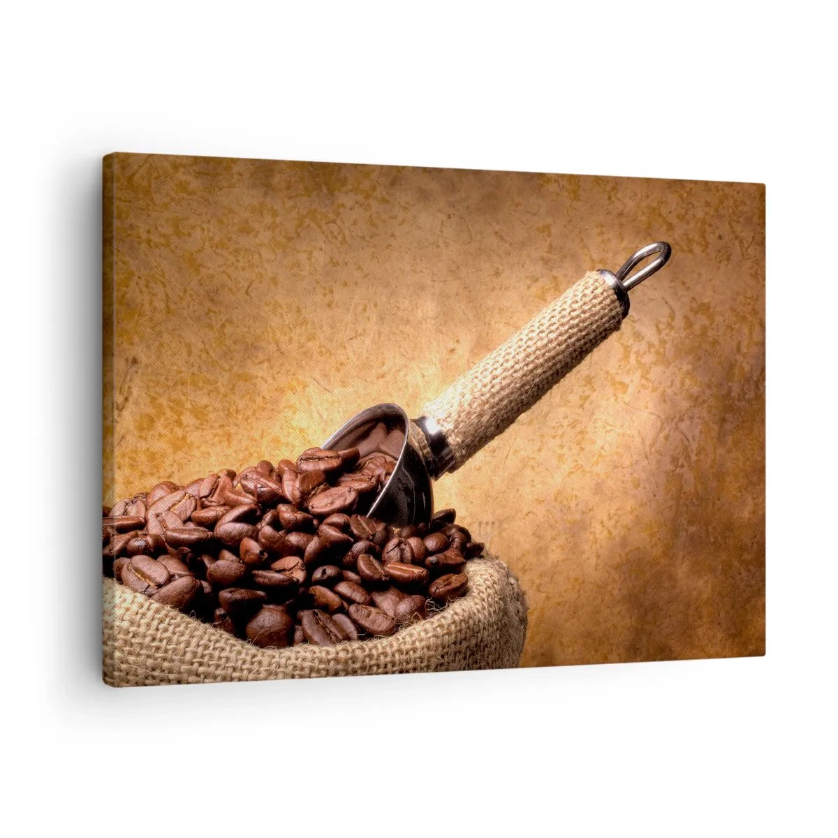 Vászonkép - Kávébab jutazsákban, fémkanállal - 70x50cm - Az íz forrásánál - Modern fali dekoráció nappalihoz és hálószobához ARTTOR