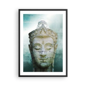 Poszter fehér keretben - Egy Buddha-szobor finom zöld árnyalatok hátterében - 50x70cm - A fény kérése - Modern fali dekoráció nappalihoz és hálószobához ARTTOR