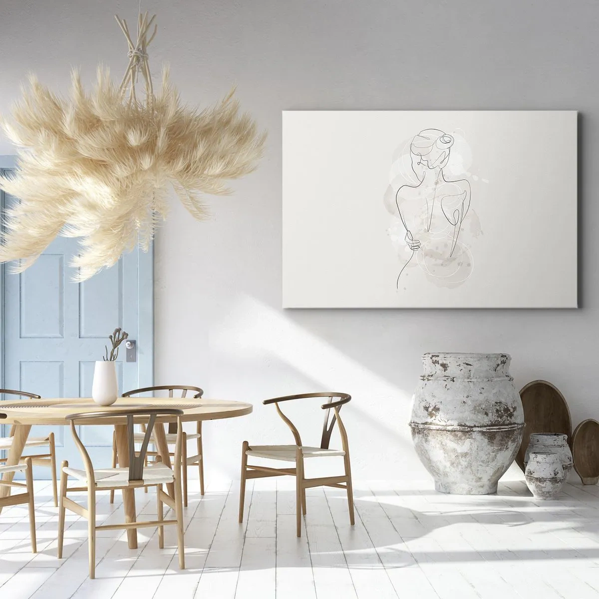 Vászonkép - Egy minimalista vázlat egy női sziluettről világos háttér előtt. - 70x50cm - Mint egy érzékeny hangszer - Modern fali dekoráció nappalihoz és hálószobához ARTTOR