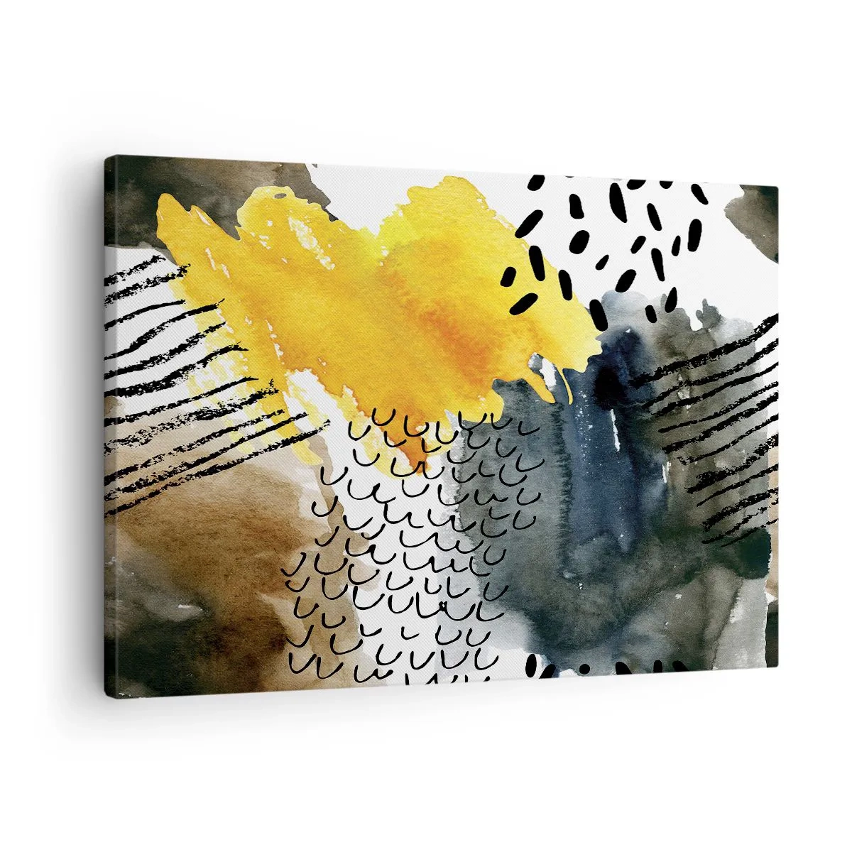 Vászonkép - Absztrakt kompozíció sárga díszítéssel és grafikus mintákkal. - 70x50cm - Az elemek találkozása - Modern fali dekoráció nappalihoz és hálószobához ARTTOR