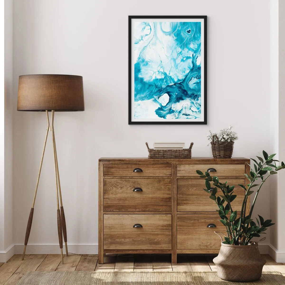 Poszter fehér keretben - Absztrakt kompozíció kék és fehér árnyalatokban - 50x70cm - Kékség koncertje - Modern fali dekoráció nappalihoz és hálószobához ARTTOR