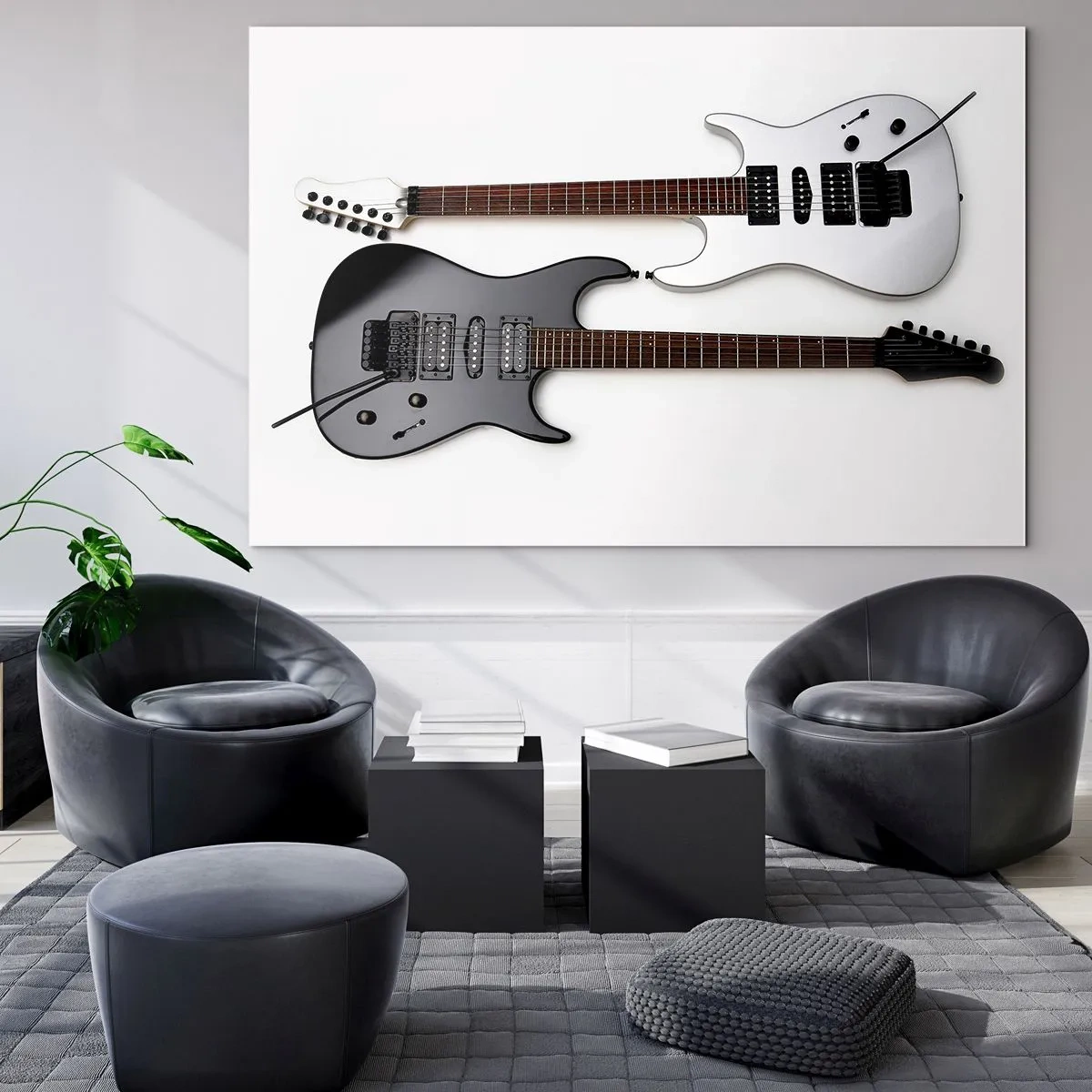 Üveg kép - Fekete-fehér elektromos gitárok fehér alapon - 70x50cm - A formák harmóniája - Modern fali dekoráció nappalihoz és hálószobához ARTTOR