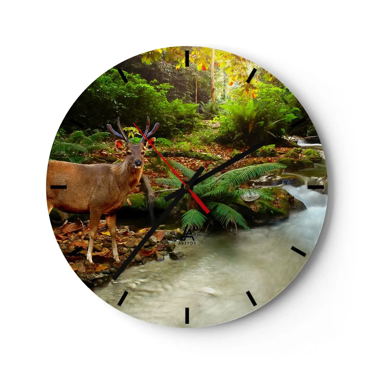 Falióra, Óra - Szarvasok erdei tájon egy patak mellett - 30x30cm - üdvözöllek a világomban - Modern fali dekoráció nappalihoz, konyhához és hálószobához ARTTOR